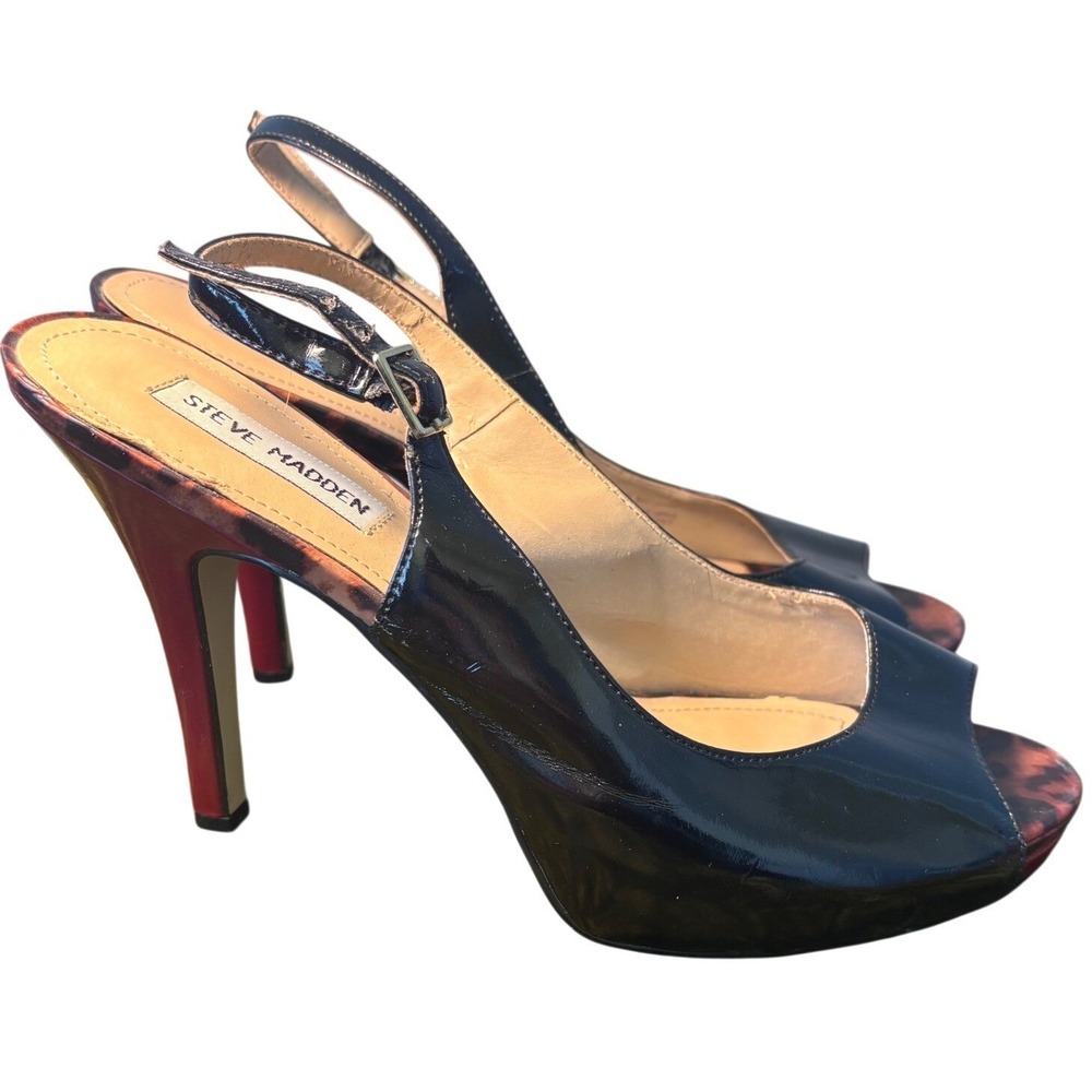 Steve Madden Black‎ Patent Leopard Print Peep Toe Slingback Red Heel Pumps Sz 10